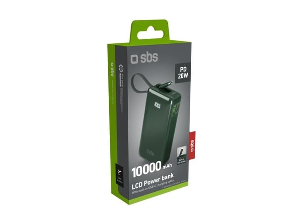 SBS TTBB10000LCDTTCD20G, 10000 mAh, adaptiv hurtiglading, strømforsyning, grønn