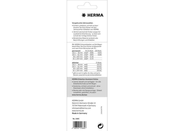 HERMA 1685, Rød, Rektangel, Permanent, Svart på rødt, 60 x 26 mm, Universell