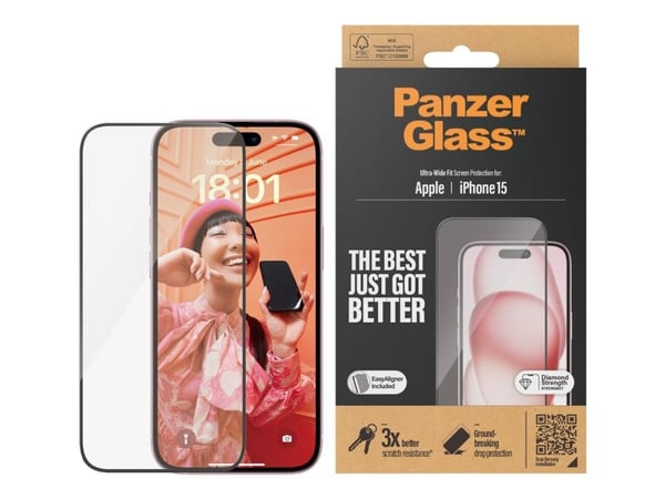 PanzerGlass - Skjermbeskyttelse for mobiltelefon - ultravid passform med EasyAligner - glass - rammefarge svart - for Apple iPhone 15