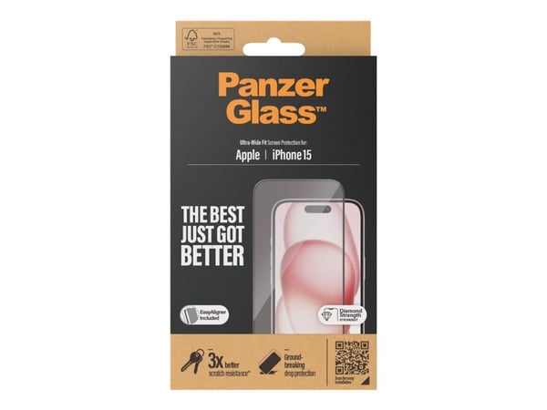 PanzerGlass - Skjermbeskyttelse for mobiltelefon - ultravid passform med EasyAligner - glass - rammefarge svart - for Apple iPhone 15