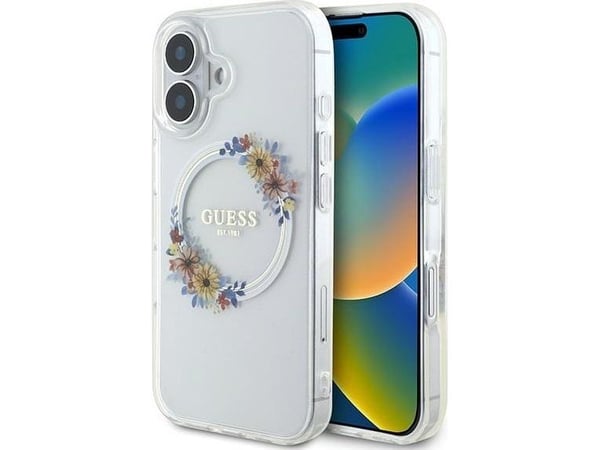 Guess IML Flowers Wreath MagSafe-skal till iPhone 16 Plus - Transparent