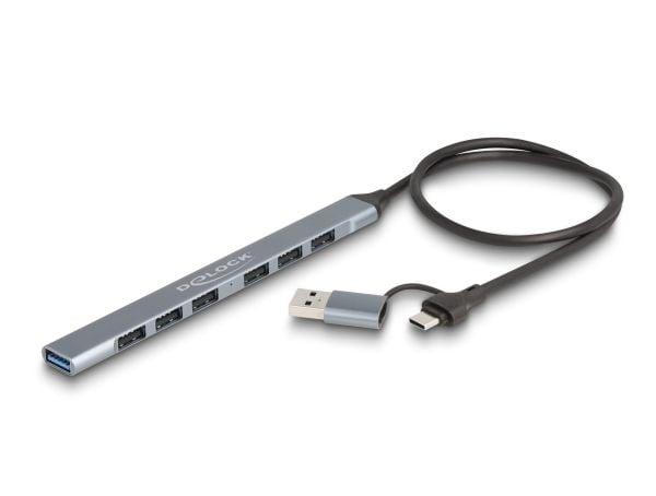 Delock 7 Port Slim USB Hub mit USB Type-C tai USB Type-A zu 1 x USB 5 Gbps Type-A + 6 x USB 2.0 Type-A