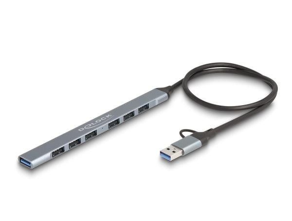 Delock 7 Port Slim USB Hub mit USB Type-C tai USB Type-A zu 1 x USB 5 Gbps Type-A + 6 x USB 2.0 Type-A