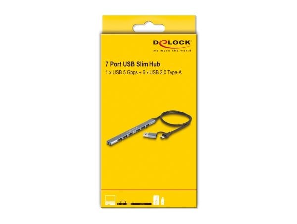 Delock 7 Port Slim USB Hub mit USB Type-C tai USB Type-A zu 1 x USB 5 Gbps Type-A + 6 x USB 2.0 Type-A