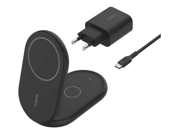 Belkin BoostCharge 2-in-1 - Trådlöst laddställ - magnetisk, hopfällbar, med Qi2 + växelströmsadapter - 15 Watt - Fast Charge - svart - för Apple iP...