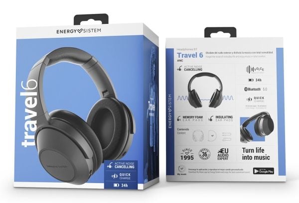 Energy Sistem BT Travel 6 ANC, Ledning & Trådløs, 20 - 20000 Hz, Samtaler/musikk, 255 g, Hodesett, Svart