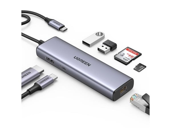 UGREEN-sovitinkeskitin, USB-C ja 2x USB 3.0, HDMI, RJ45, SD/TF