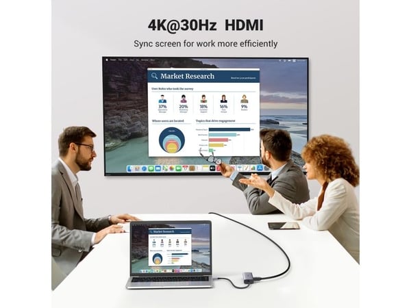 UGREEN-sovitinkeskitin, USB-C ja 2x USB 3.0, HDMI, RJ45, SD/TF