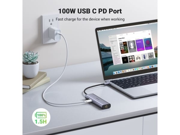 UGREEN-sovitinkeskitin, USB-C ja 2x USB 3.0, HDMI, RJ45, SD/TF