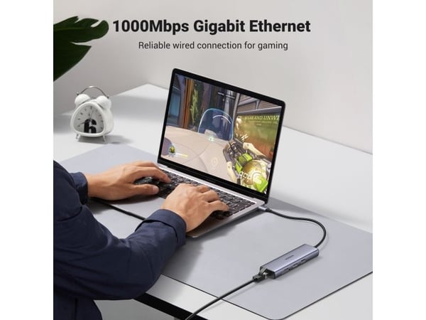 UGREEN-sovitinkeskitin, USB-C ja 2x USB 3.0, HDMI, RJ45, SD/TF