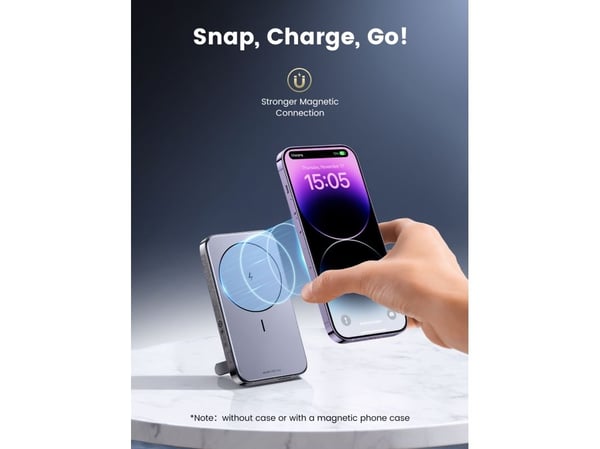 Magnetisk powerbank 10000mAh Ugreen PB206, USB + USB-C, 20W med stativfunksjon (svart)
