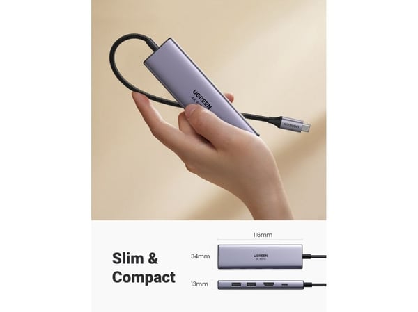 Ugreen CM511 5-in-1-sovitin, USB-C-hubi, 3x USB 3.0 + HDMI + TF/SD, harmaa, SD, RS-MMC, SDHC, SDXC, MicroSD (TransFlash), MicroSDHC, MicroSDXC