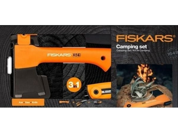 Fiskars campingset - yxa + kniv + såg