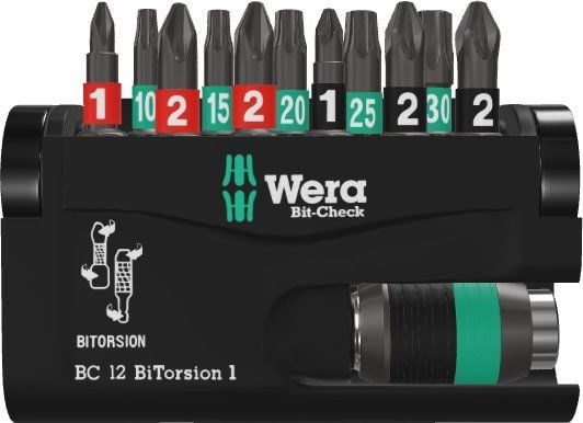 Wera Bit-Check 12 BiTorsion 1 SB - Spissett for skrutrekker - 12 deler - torx, phillips, pozidriv - heksagonal - lengde: 25 mm