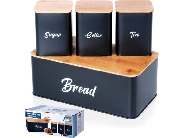 Brödlåda VILDE set med behållare, metallbricka bambu svart, 4 delar