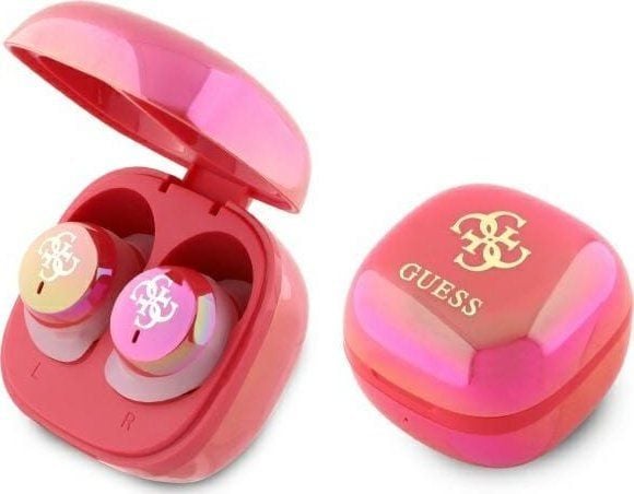 Guess Bluetooth-hodetelefoner GUTWSJ144ESF TWS + ladestasjon fuchsia/fuchsia iriserende, 4G trykt logo