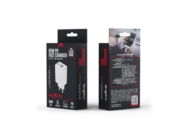 Maxlife MXTC-08-65ACC PD QC -laturi 2x USB-C 1x USB 65W valkoinen