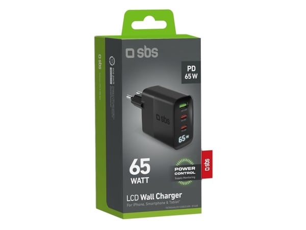 Laturi SBS GaN 65W, 2xUSB-C + USB, LCD, Juodas, Juodas