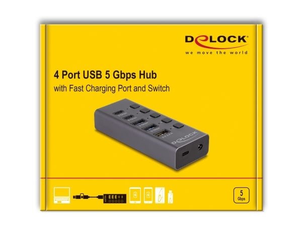 Delock - Hub - 5 Gbps, 1 fast charging port, + switch - 3 x USB + 2 x USB-C - stasjonær