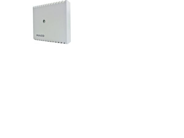 MAICO Hygrostat HY 230I, elektronisk fugtmåling, med skjult justering til af-/befugtning. IP30, arbejdsområde 20-80% RH. Mål 71x71x27 mm.