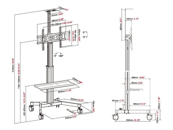 Vision X-Series VFM-F22 - Vogn - høydejusterbar - for LCD-skjerm - stål, aluminium - matt svart - skjermstørrelse: 31"-80"