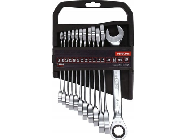 Pro-Line flate skrunøkler med skralle, sett 12 stk (8-19 mm), crv, proline