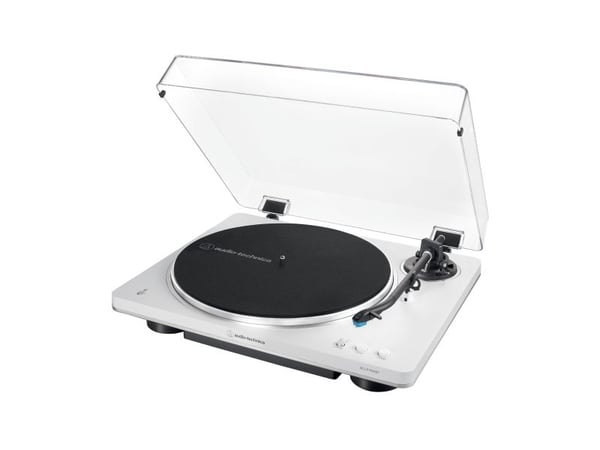 Audio-Technica AT-LP70XBT, Remdriven skivtallrik, Helautomatisk, Silver, Vit, Gjuten aluminium, 33 1/3,45 RPM, Likströmsmotor
