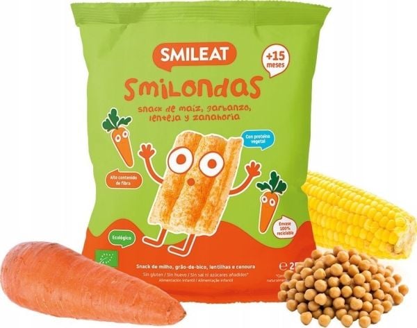 Smileat BIO* smilondas snacks med kikärtor, majs och linser, morot 25 g