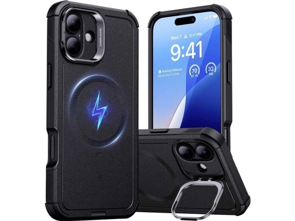 ESR Cyber Tough HaloLock Case + Stash Stand mobildeksel Apple iPhone 16 Plus sort MagSafe-kompatibelt