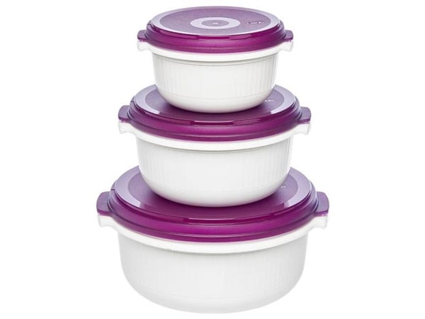 Emsa MICRO FAMILY mikrobølgeovn gryte startsett 3-delt, tinn (hvit/lilla, 3 gryter, 3 lokk)