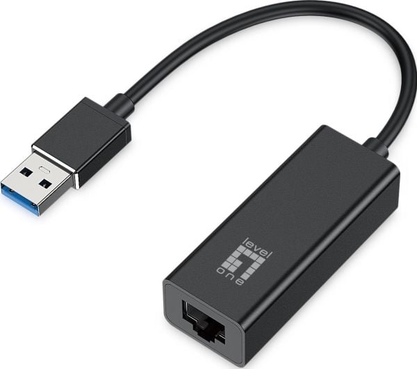 LevelOne USB-0401, Koblet med ledninger (ikke trådløs), USB, Ethernet, 1000 Mbit/s, Svart