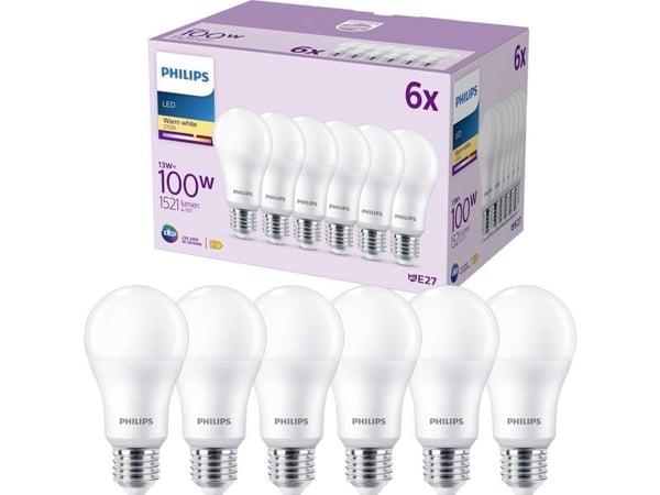 Philips - LED-lyspære - form: A67 - mattslipt finish - E27 - 13 W (ekvivalent 100 W) - klasse E - varmt hvitt lys - 2700 K (en pakke 6)