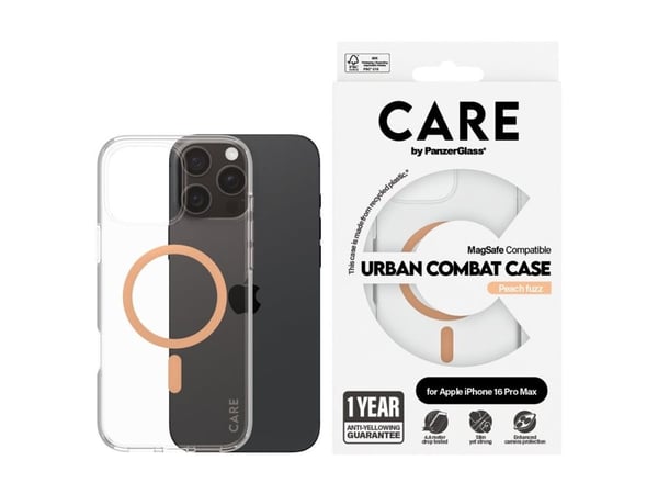 CARE by PanzerGlass Urban Combat - Baksidedeksel for mobiltelefon - MagSafe-samsvar - resirkulert plast - ferskenfarge, gjennomsiktig - for Apple i...