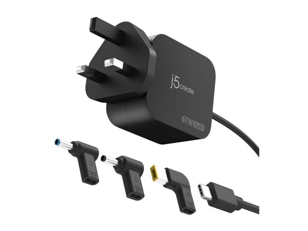 j5create JUP1565DCF3A-FN, Akkulaturi, Universal, 100 - 240 V, 67 W, USB-C®-kaapeli: 5V, 9V, 12V, 15V, 20V, 20.3V, 1.5 A
