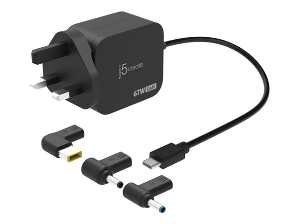 j5create JUP1565DCF3A-FN, Akkulaturi, Universal, 100 - 240 V, 67 W, USB-C®-kaapeli: 5V, 9V, 12V, 15V, 20V, 20.3V, 1.5 A