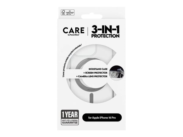 CARE by PanzerGlass - 3-i-1 beskyttelsespakke - baksidedeksel for mobiltelefon - MagSafe-samsvar - resirkulert plast - for Apple iPhone 16 Pro