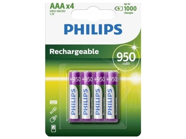 Philips oppladbart batteri R03B4A95/10, oppladbart batteri, nikkelmetallhydrid (NiMH), 1,2 V, 950 mAh, flerfarget, AAA