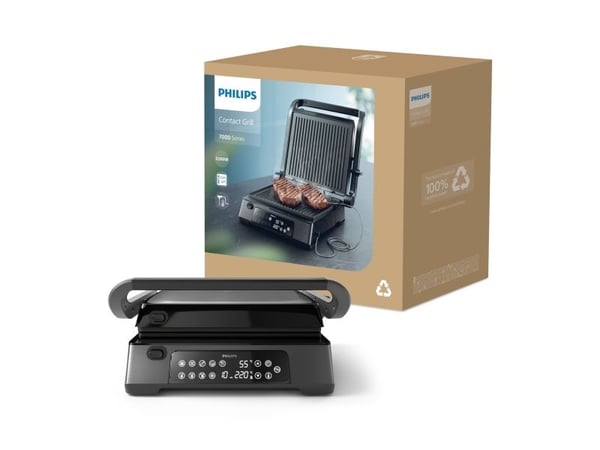 Philips 7000-serien kontaktgrill, svart, rektangulær, touch, 220 °C, hengslet lokk, låselokk, 180 °