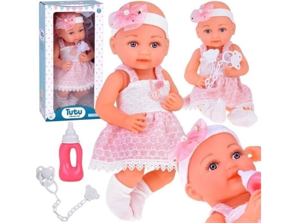 Jokomisiada gummidukke baby i rosa kjole, tåteflaske, ZA5235