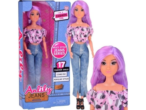 Anlily dukke med langt pastellfarget hår i jeans ZA5305