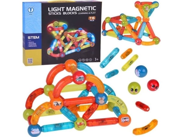 Jokomisiada magnetklosser 3D fargerike med lys, 76 deler ZA5239