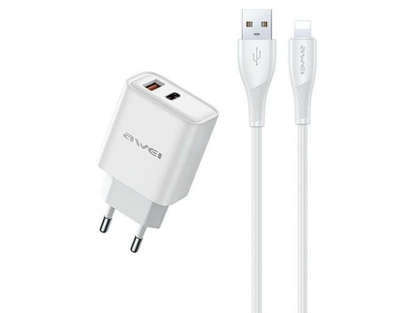 Awei nettlader AWEI lad. siec. PD81L-EU 22,5 W + USB + Lightning-kabel hvit GaN