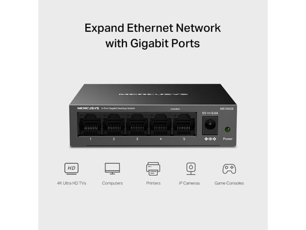 Mercusys MS105GS, Uhåndtert, Gigabit Ethernet (10/100/1000), Full tosidig, Kan monteres på vegg