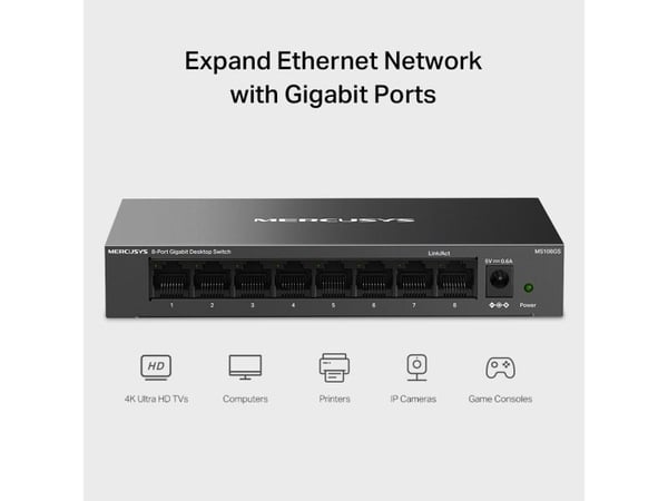 Mercusys MS108GS, Uhåndtert, Gigabit Ethernet (10/100/1000), Full tosidig, Kan monteres på vegg