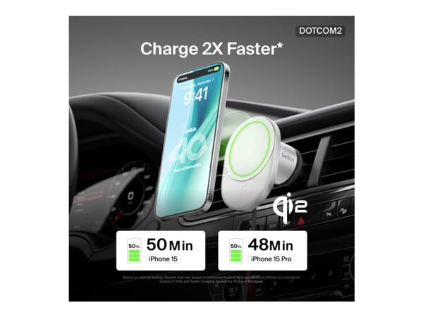 Belkin - Trådløs ladeholder for bil - magnetisk med Qi2 + bilstrømadapter - 15 watt - Fast Charge - grå