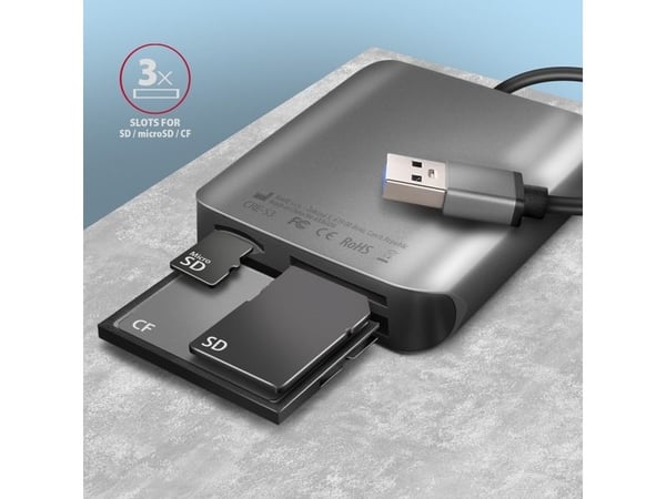 Axagon CRE-S3 External card reader USB-A 3.2 Gen 1 3-slot & lun SD/microSD/CF, CF, MMC, MMC Mobile, MicroSD (TransFlash), MicroSDHC, MicroSDXC, SD,...