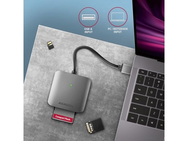 Axagon CRE-S3 External card reader USB-A 3.2 Gen 1 3-slot & lun SD/microSD/CF, CF, MMC, MMC Mobile, MicroSD (TransFlash), MicroSDHC, MicroSDXC, SD,...