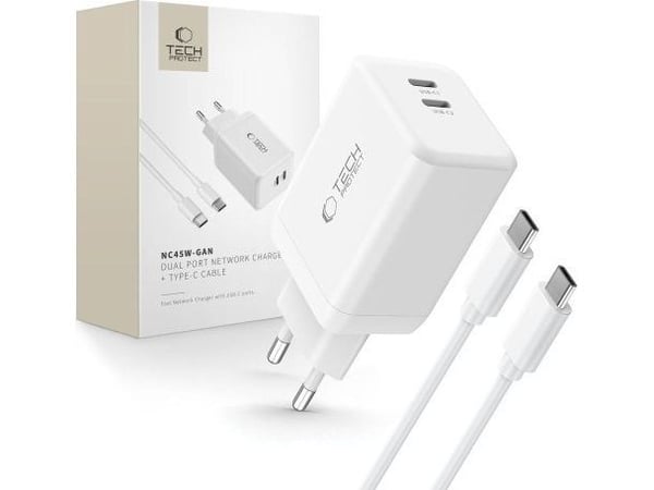 Tech-Protect TECH-PROTECT NC45W-GAN 2-port nätverksladdare PD45W + Type-C-kabel vit