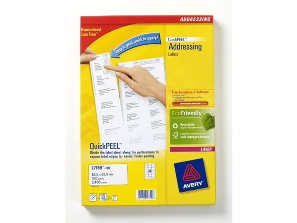 Avery - Hvit - 63.5 x 33.9 mm 2400 etikett(er) (100 ark x 24) adresselapper