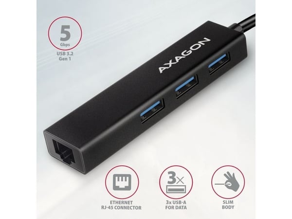 Axagon HMC-GL3A USB-C-Hub 3x USB-A Gbit-LAN schwarz, Koblet med ledninger (ikke trådløs), USB 3.2 Gen 1 (3.1 Gen 1) Type-C, 10,100,1000 Mbit/s, IEE...